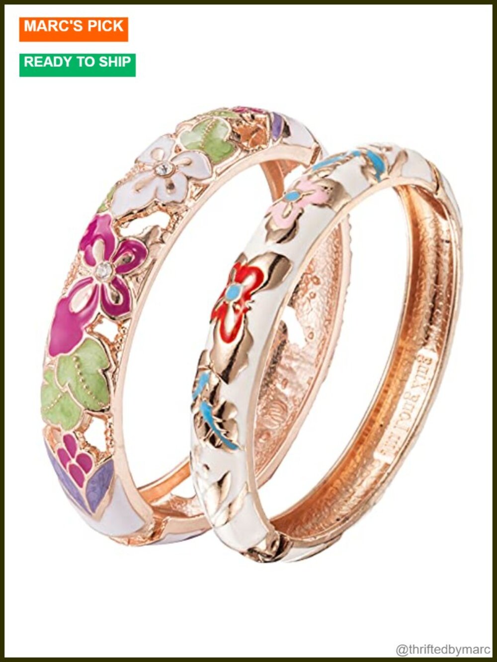 Cloisonne Enamel Bangle Bracelets 2 Pc Set Alloy Spring Hinged Butterfly